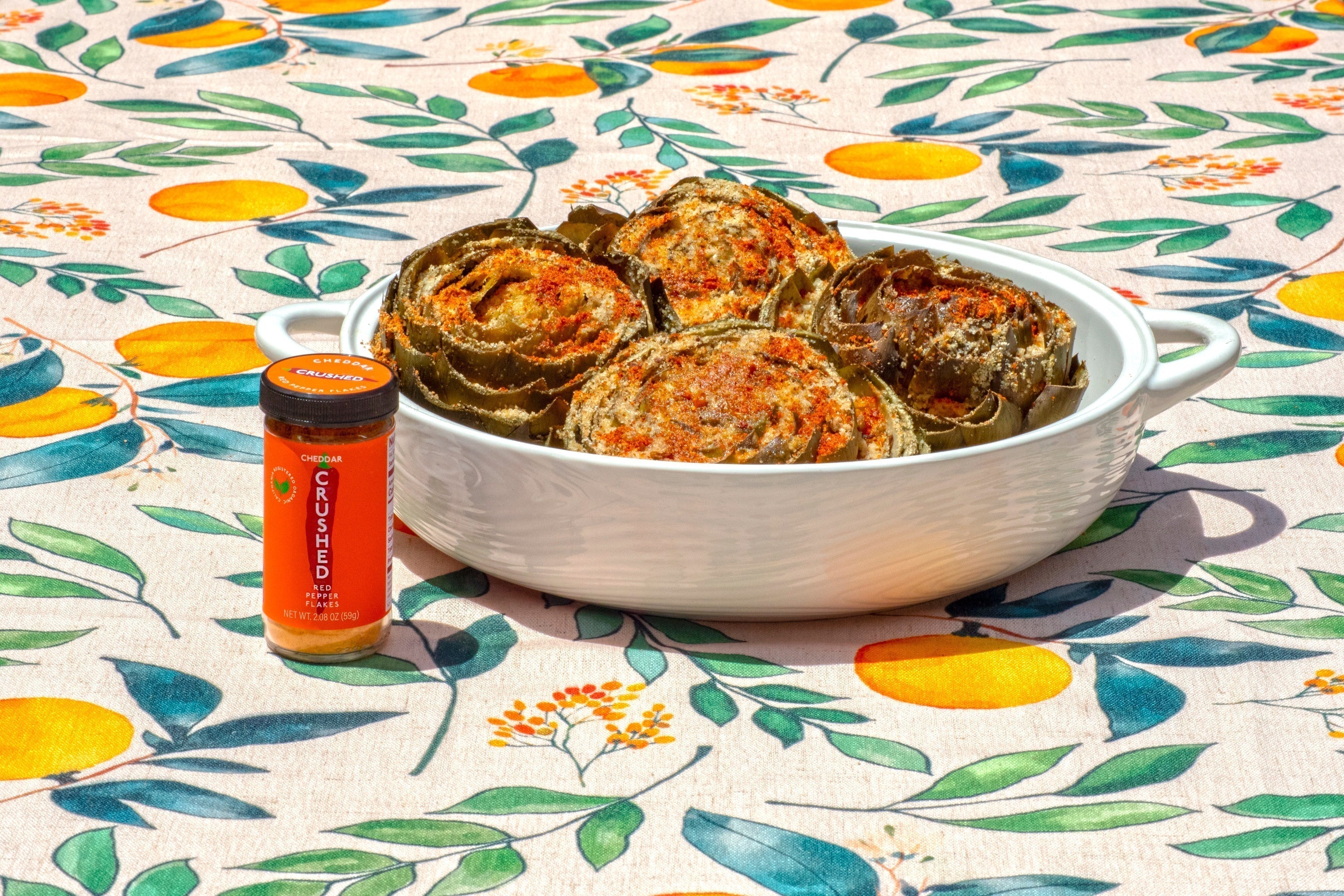 Stuffed Artichokes with Cheddar Crushed Red Pepper Flakes