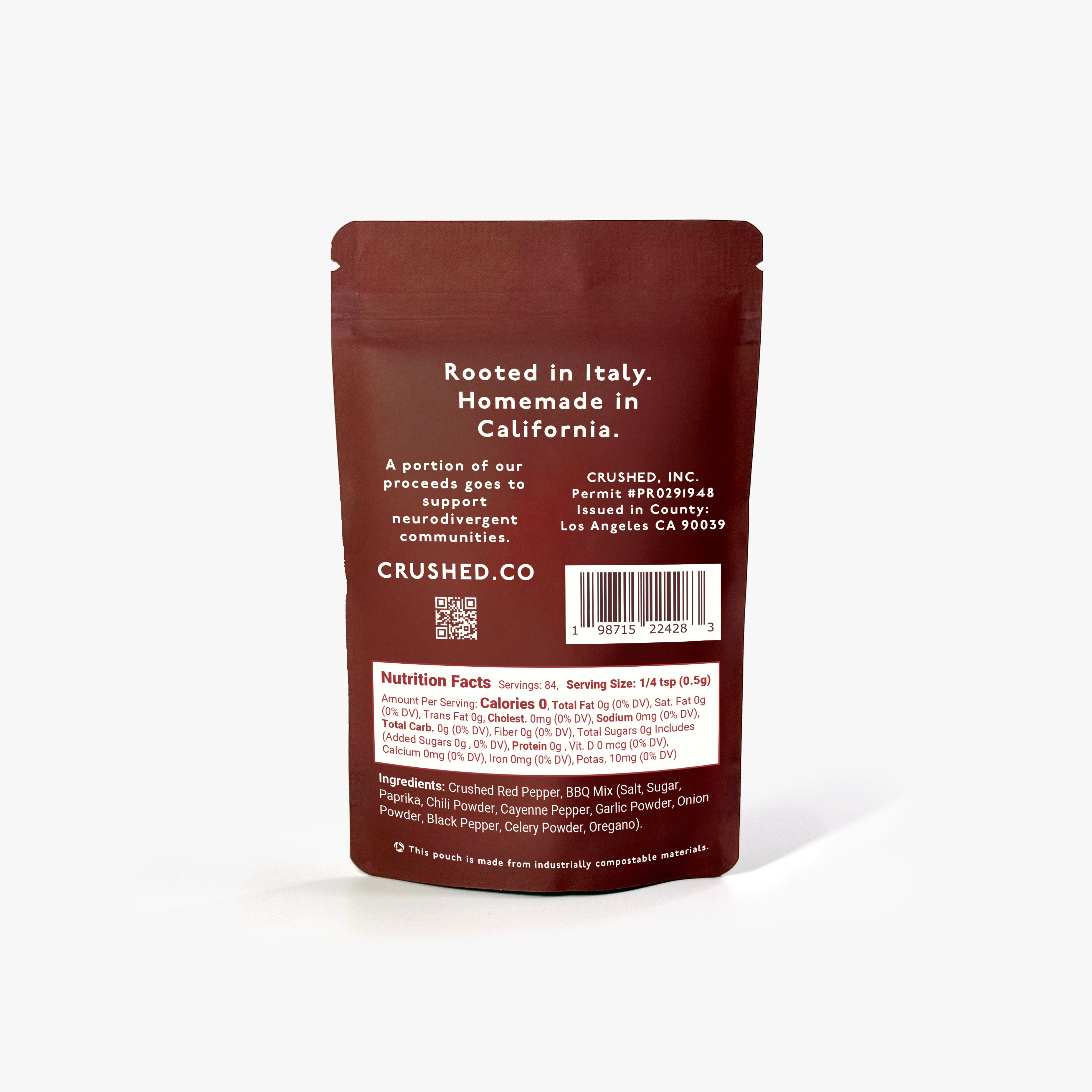 Refill Pouch of  Barbecue crushed red pepper flakes on a white background featuring ingredients and nutritional facts