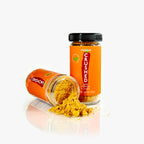 Two jars of Cheddar Crushed red pepper flakes with visible pepper powder on a white background