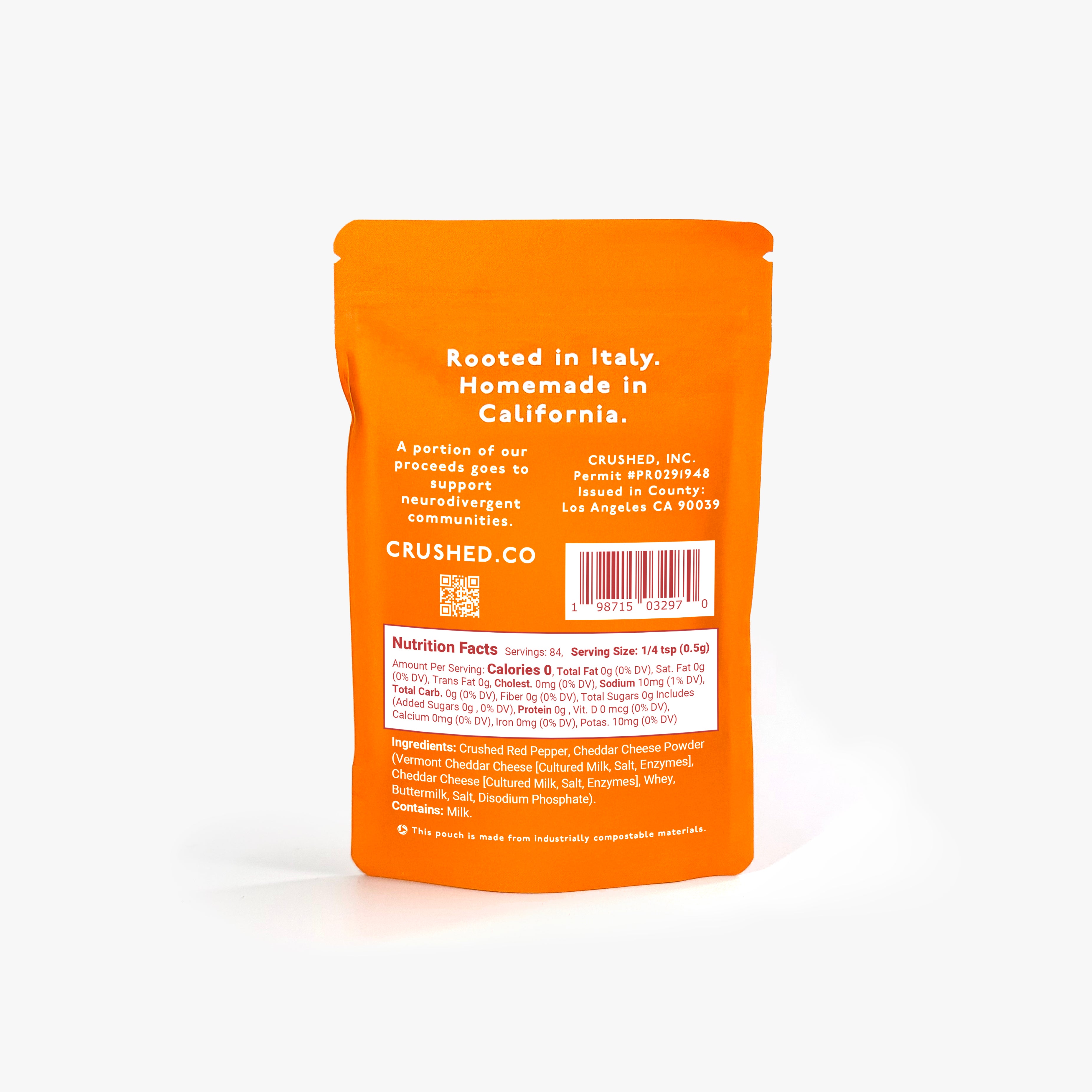 Orange refill pouch of Cheddar Crushed Red Pepper Flakes on a white background showing nutritional information and ingredients