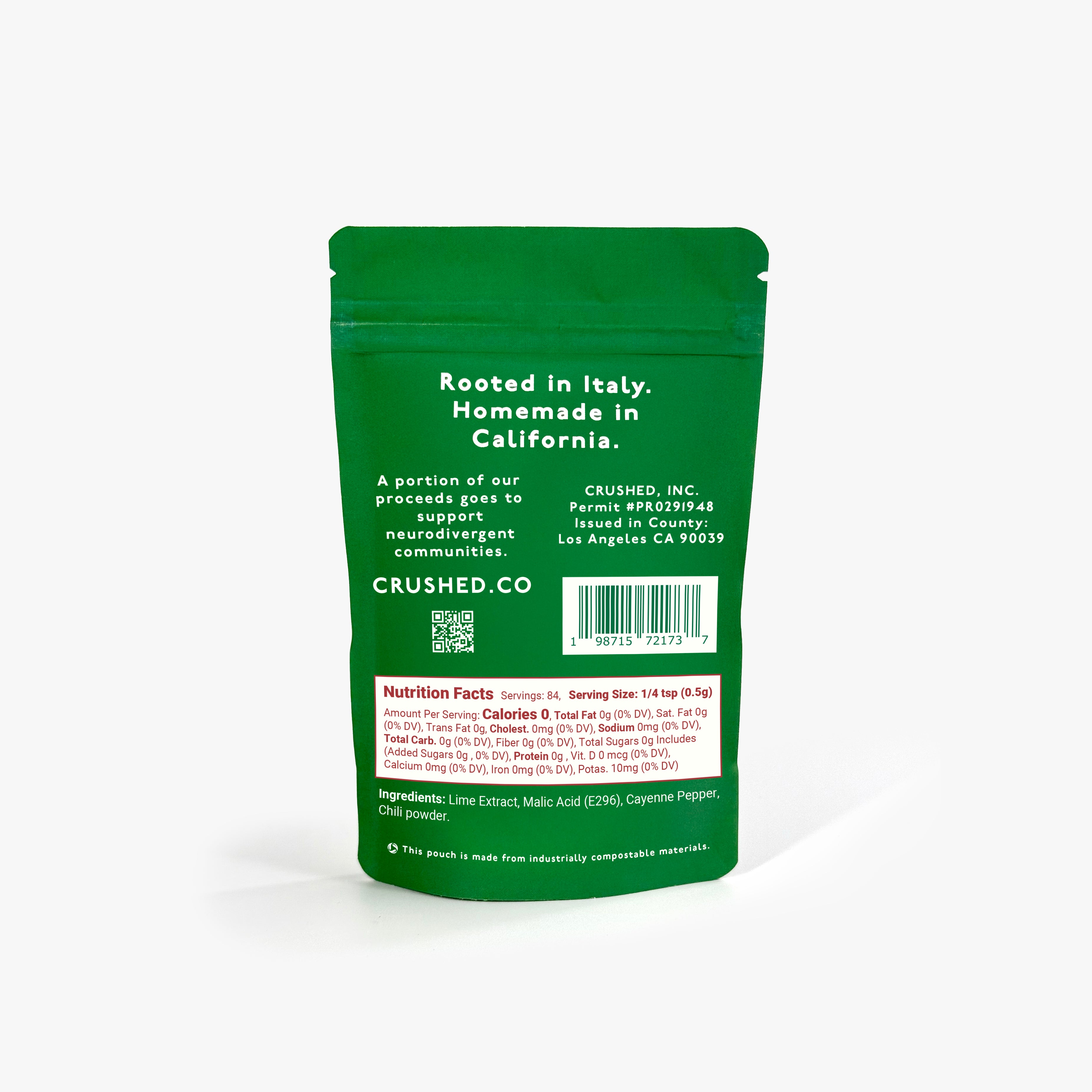 Green refill pouch of Chili Lime crushed pepper flakes with red and white text on a white background showing nutritional information and ingredients
