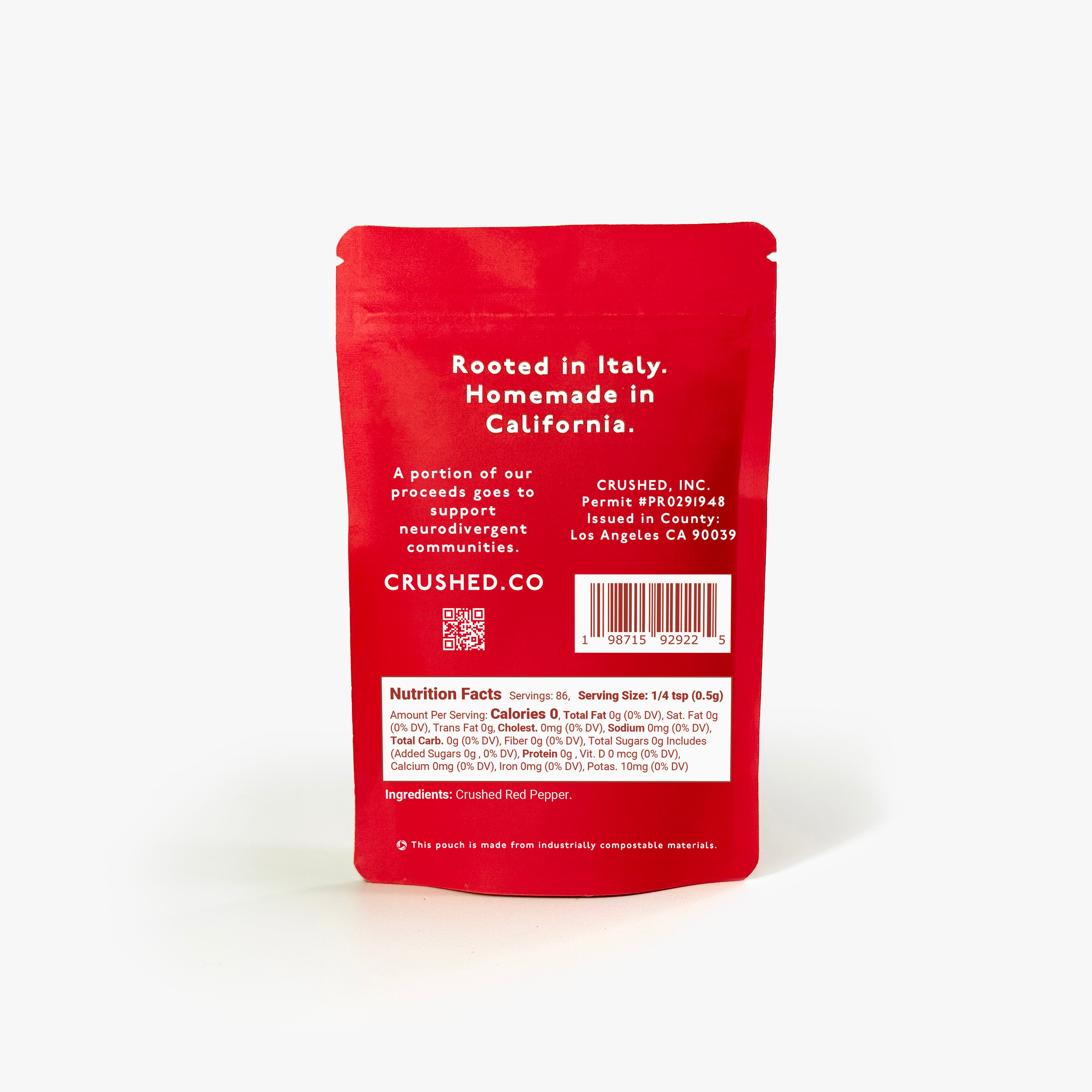 Red refill pouch of Original Crushed Red Pepper Flakes on a white background wiht nutritional information and ingredients.